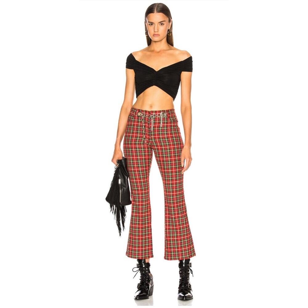 Miaou Morgan Red Plaid Flare Grommet Belted Grunge Core Hailey Bieber Pants 25